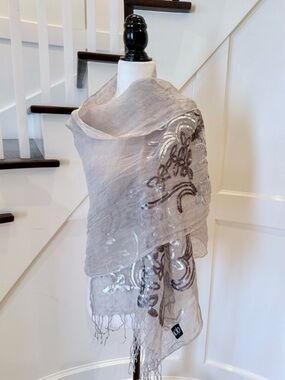 Grey Gauze Scarf Wrap with Silver Sequins
